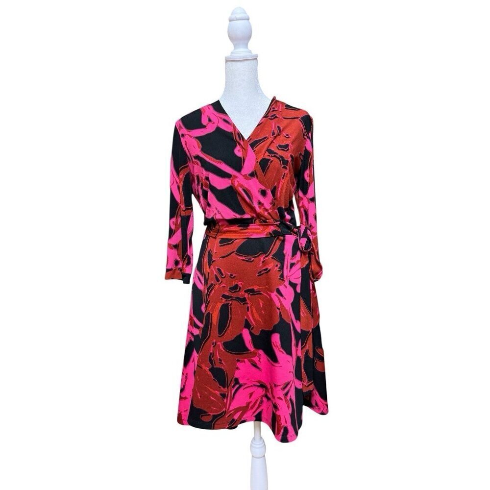 Taylor 8 Wrap Dress Red Pink Floral Belted Stretch Long Sleeve Knee